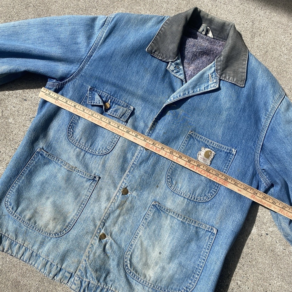 Vintage Carhartt Denim Barn Jacket Coat 70s Faded DIstressed Sz 44 Large - Picture 7 of 11